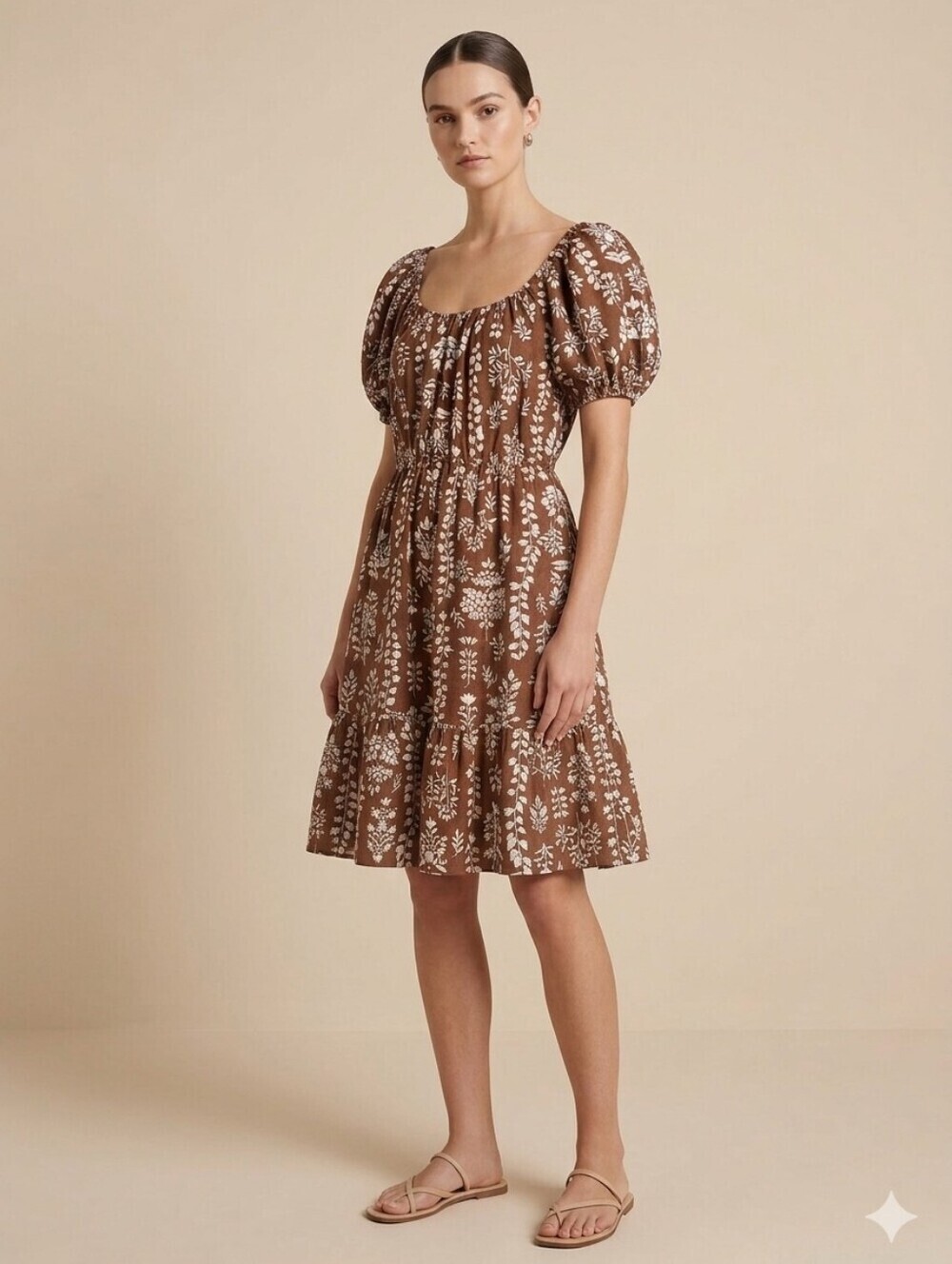 REITMANS BROWN FLORAL PUFF SLEEVE MINI DRESS SIZE SMALL
